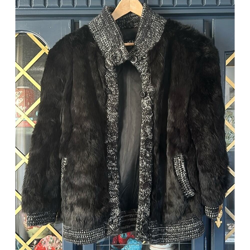 Niki vintage rabbit fur coat with sweater trim black shoulder pads medium 80s 90